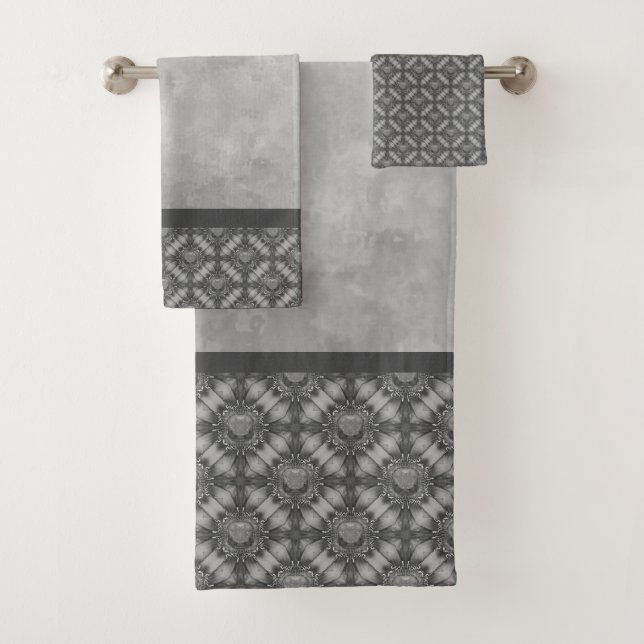 Silver Grey Metal Flowers with Gems Pattern Bath Towel Set (Insitu)