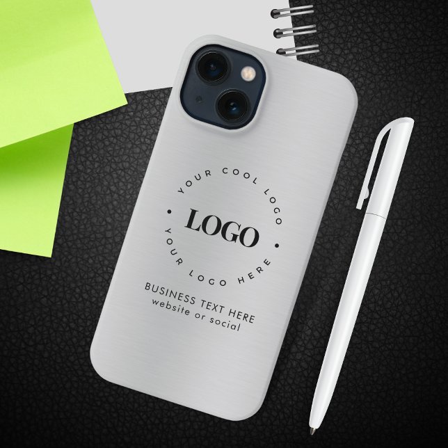 Silver Grey Metallic Add Custom Business Logo Text iPhone Case (Creator Uploaded)
