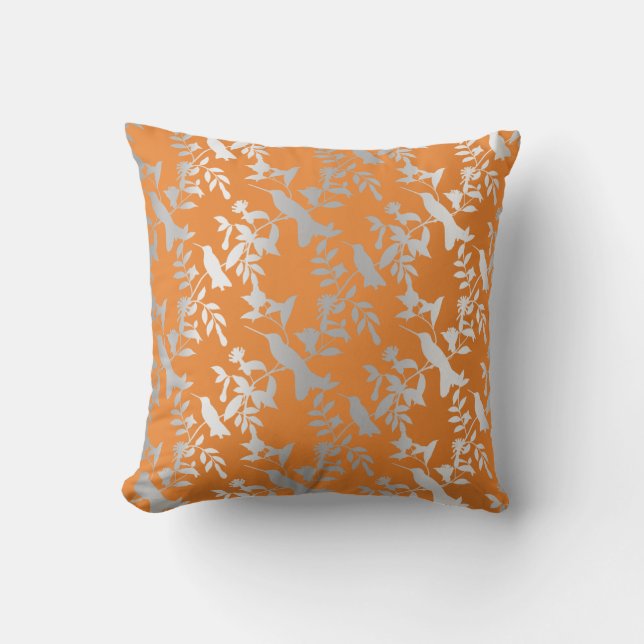 Silver Grey Metallic Floral Humming-birds Orange Cushion (Front)