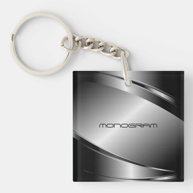 Silver Grey Metallic Look-Stainless Steel Pattern Key Ring (Front)