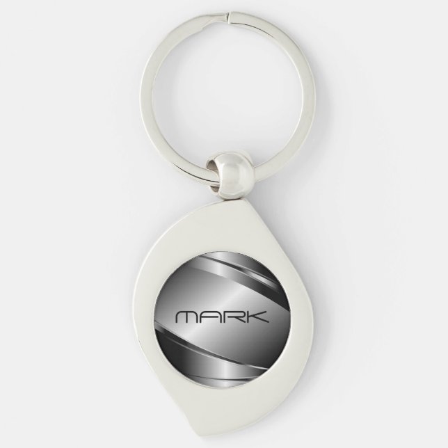 Silver Grey Metallic Look-Stainless Steel Pattern Key Ring (Front)
