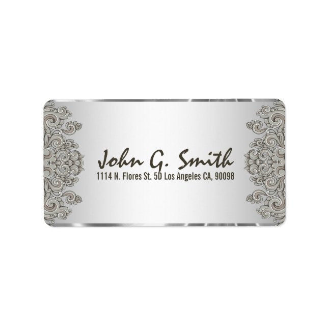 Silver Grey Metallic Pattern Floral Swirls Label (Front)