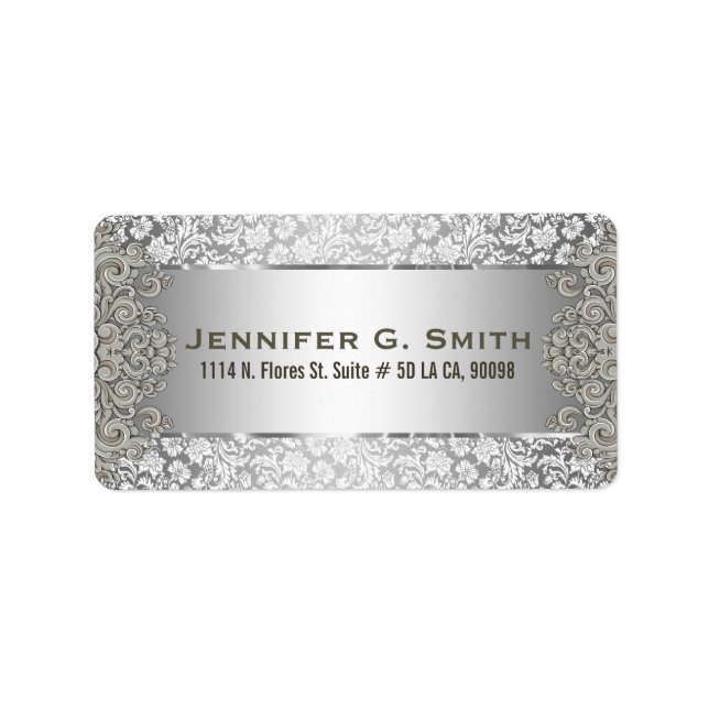 Silver Grey Metallic Pattern Floral Swirls Label (Front)
