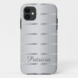 Silver Grey Metallic Stripes Name iPhone 11 Case