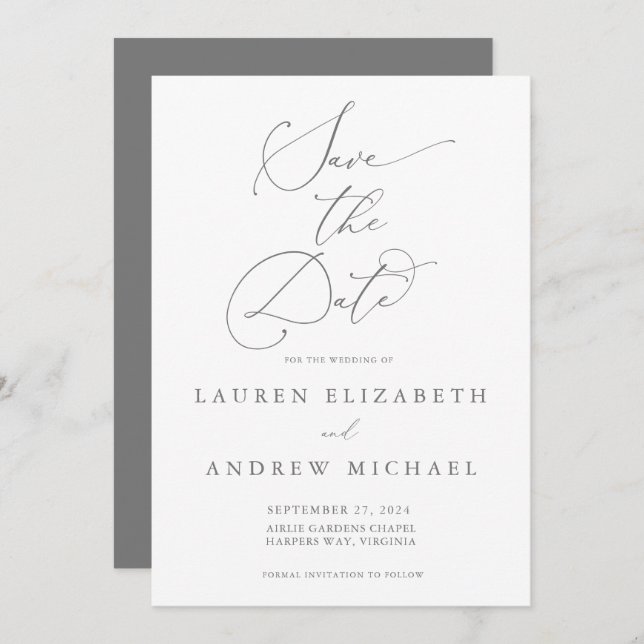 Silver Grey Minimalist Save the Date Invitation (Front/Back)
