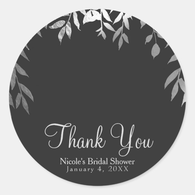 Silver & Grey Modern Glam Botanical Leaves Wedding Classic Round Sticker (Front)