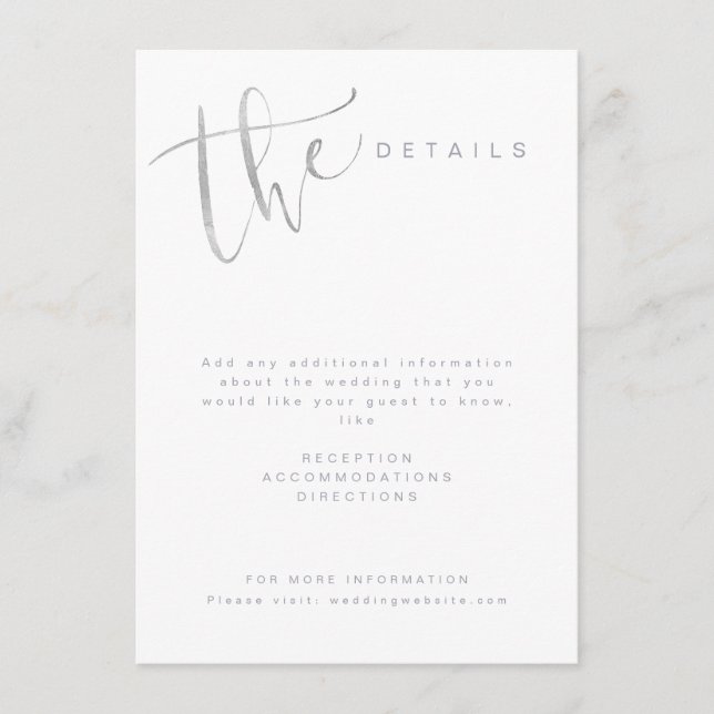 Silver Grey Modern Simple Script Wedding details Enclosure Card (Front)
