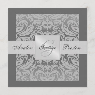 Silver & Grey Monogram Damask Border Invitation