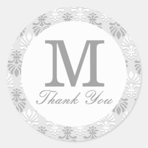 Silver Grey Monogram Thank You Favour Classic Round Sticker