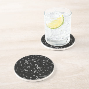 Silver Grey Musical Notes on Black Coaster