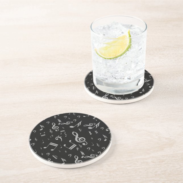 Silver Grey Musical Notes on Black Coaster (Side)