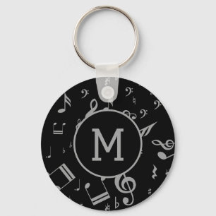 Silver Grey Musical Notes on Black Key Ring