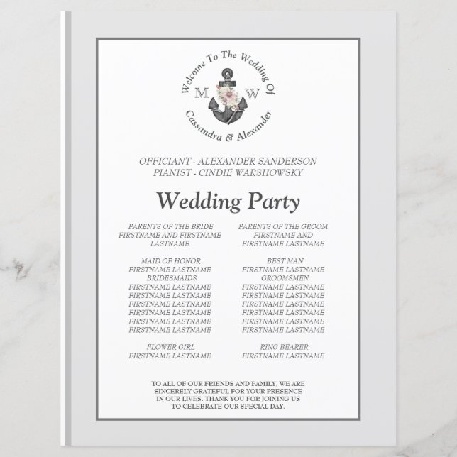 Silver Grey Nautical Floral Anchor Wedding Program (Back)