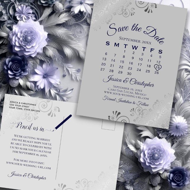 Silver Grey & Navy Wedding Save the Date Calendar Announcement Postcard (Front/Back)