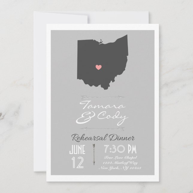 Silver Grey Ohio State Rehearsal Dinner Invitation (Front)
