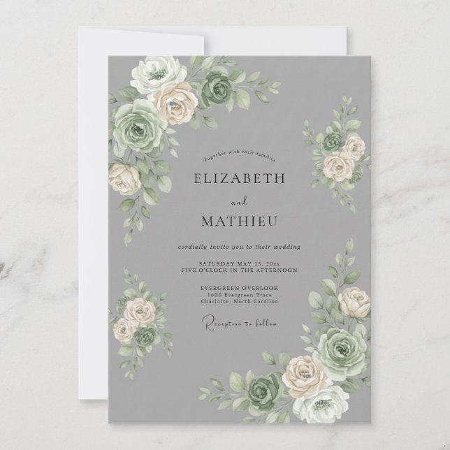 Silver Grey Peony Wedding Invitation (Front)