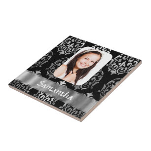 Silver grey personalised damask photo template tile