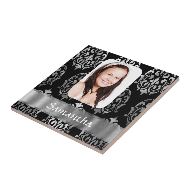 Silver grey personalised damask photo template tile (Side)