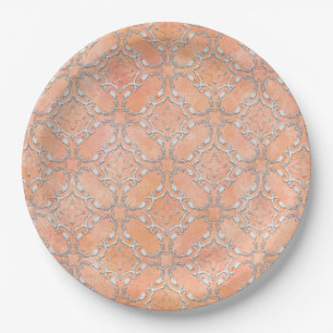 Silver Grey Pink Orange Metallic Filagree Pattern Paper Plate