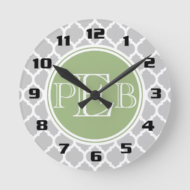 Silver Grey Quatrefoil Sage Green Monogram Round Clock (Front)