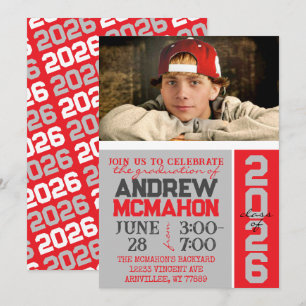 Silver Grey & Red Graduation Photo Invitation
