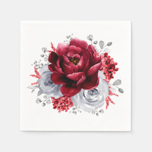 Silver Grey Red White Floral  Rustic Wedding  Napkin