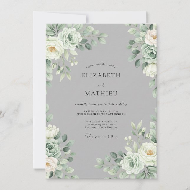 Silver Grey Refined Botanical Wedding Invitation (Front)