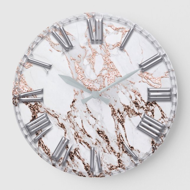 Silver Grey Roman Number Metallic Marble Rose Gold Large Clock (Front)