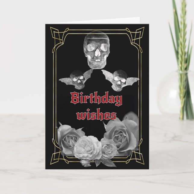Silver grey roses and skulls birthday card (Front)
