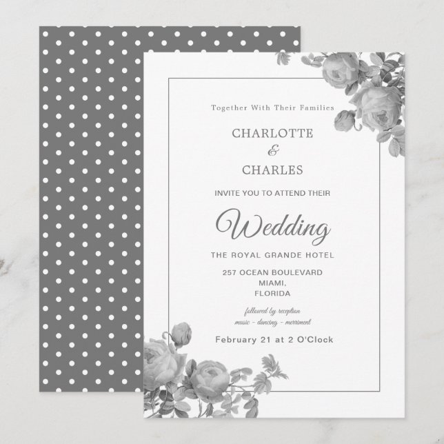 Silver Grey Roses Elegant Floral Wedding Invitation (Front/Back)