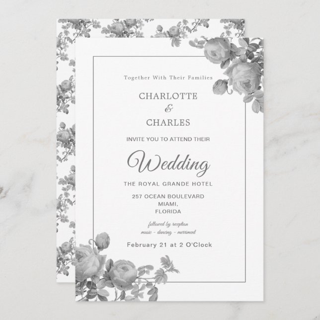 Silver Grey Roses Elegant Floral Wedding Invitation (Front/Back)