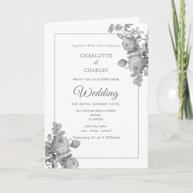 Silver Grey Roses Floral Elegant Wedding Invitation (Front)