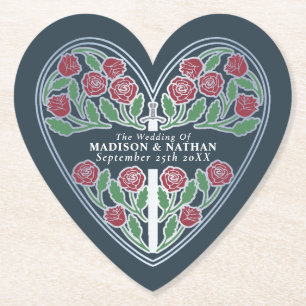 Silver Grey Royal Mediaeval Floral Sword Wedding Paper Coaster