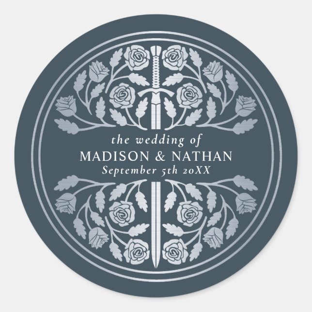 Silver Grey Royal Mediaeval Sword Wedding  Classic Round Sticker (Front)