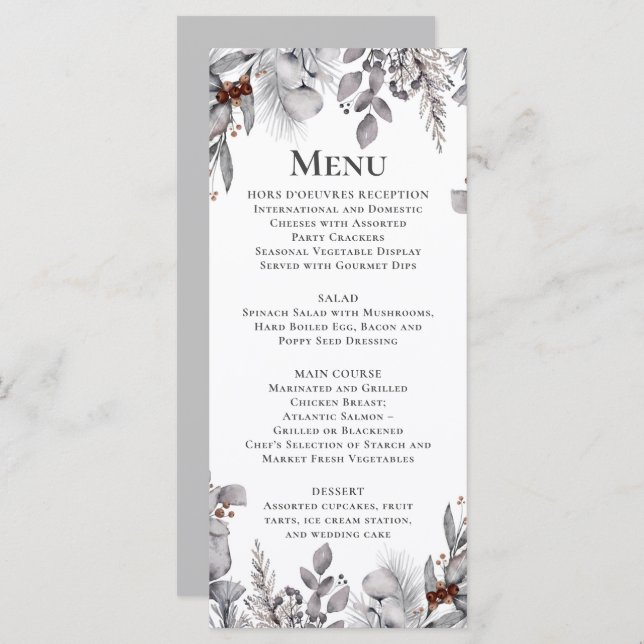Silver, Grey, Rust Brown Bird Winter Botanical  Me Menu (Front/Back)