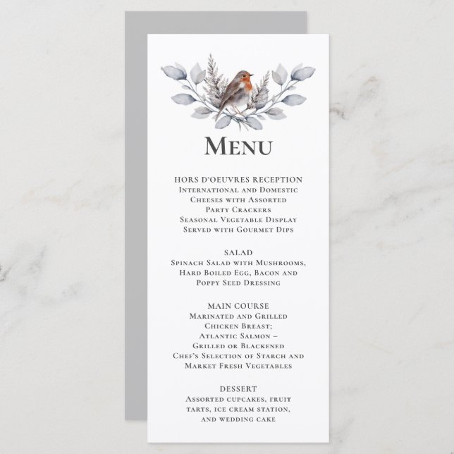Silver, Grey, Rust Brown Bird Winter Botanical  Menu (Front/Back)