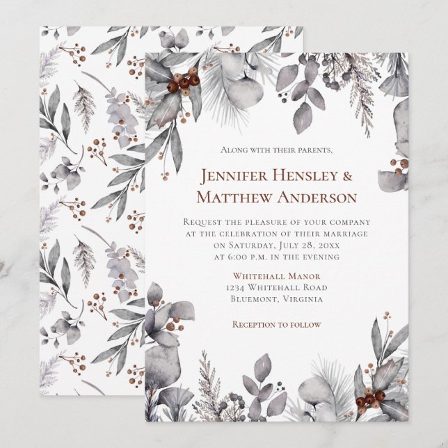 Silver, Grey, Rusty Brown Frame Winter Wedding Invitation (Front/Back)
