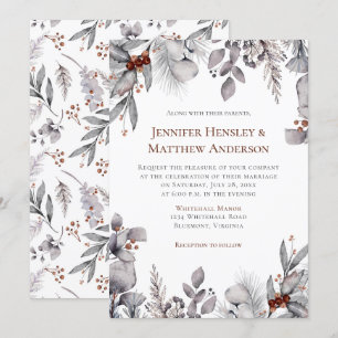 Silver, Grey, Rusty Brown Frame Winter Wedding Invitation