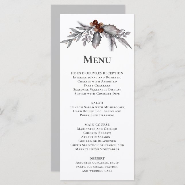 Silver, Grey, Rusty Brown Winter Botanical Wedding Menu (Front/Back)