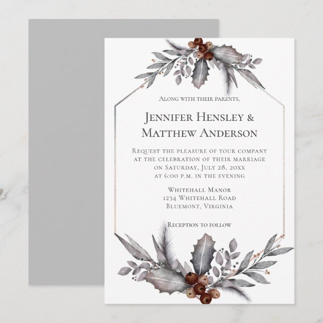 Silver, Grey, Rusty Brown Winter Wedding Invitatio Invitation (Front/Back)