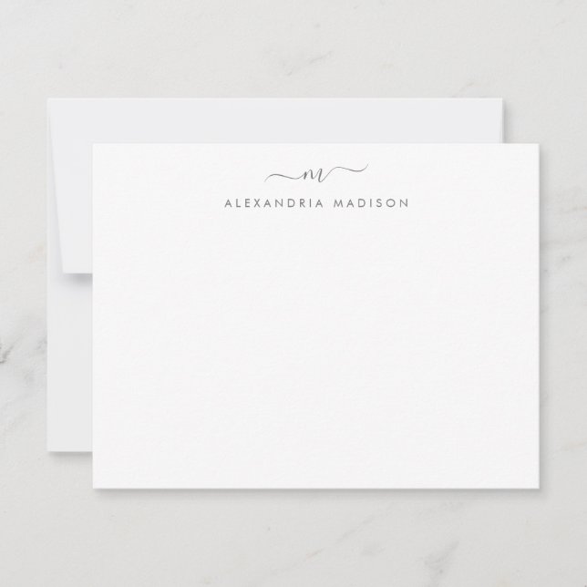 Silver Grey Script Monogram Chic Swash Stationery Card (Front)