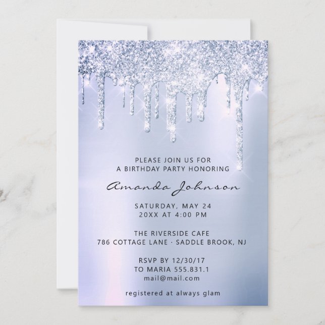Silver Grey Smoky Blu Glitter Effect Drip Birthday Invitation (Front)