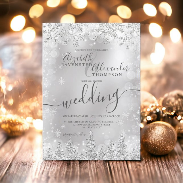 Silver grey snow pine Christmas winter wedding Invitation (Silver gray snow pine Christmas winter wedding Invitation)