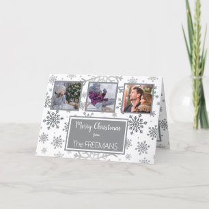 Silver Grey Snowflake 3 Photo Collage Personalised Holiday Card