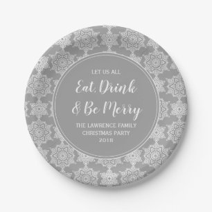 Silver Grey Snowflake Eat Drink Christmas Party Paper Plate