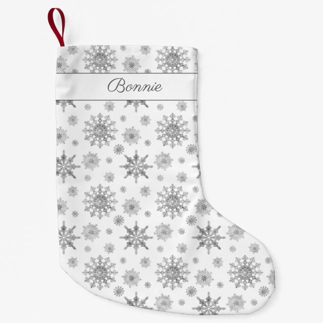 Silver Grey Snowflakes Pattern & Custom Name Small Christmas Stocking (Front)