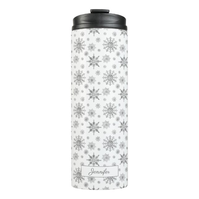 Silver Grey Snowflakes Pattern & Custom Name Thermal Tumbler (Front)