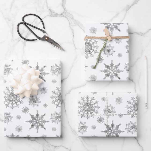 Silver Grey Snowflakes Pattern Wrapping Paper Sheet (Front)