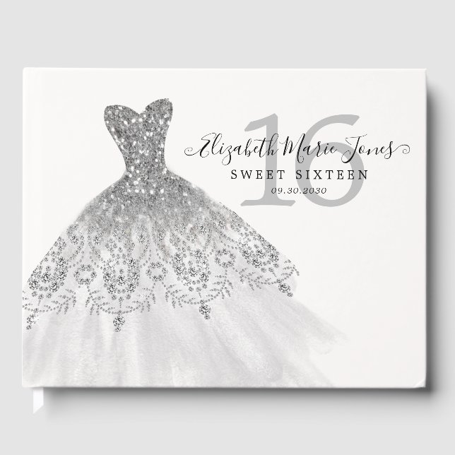 Silver Grey Sparkle Glitter Dress 16th Birthday Guest Book (Front)