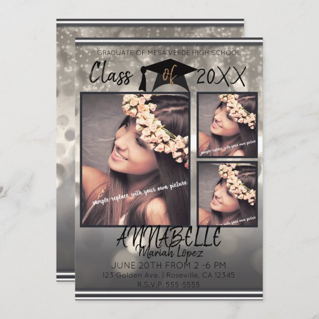 Silver Grey Sparkle Graduation Graduate Photo Invitation (Front/Back)